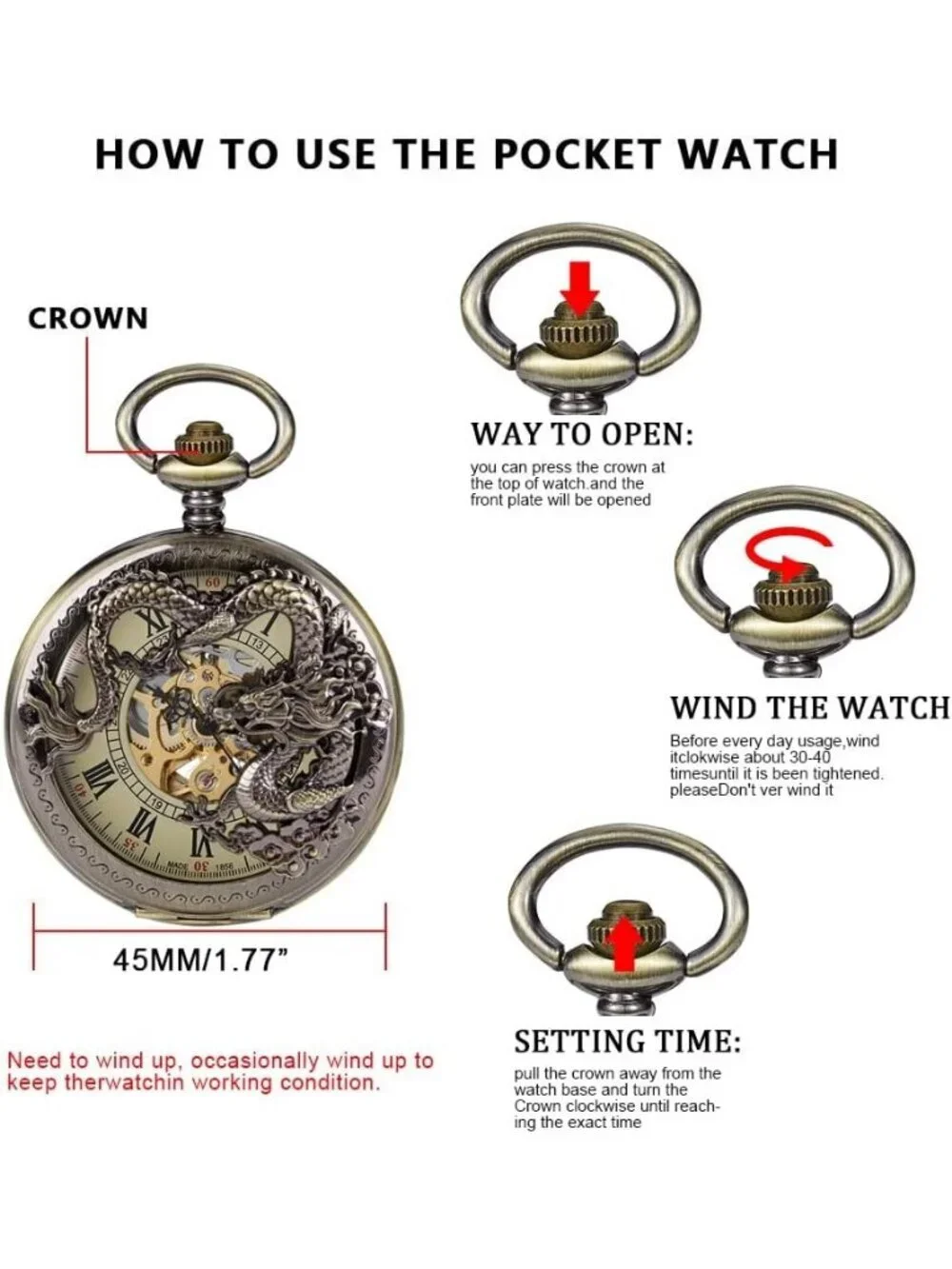 Men's Black Bronze Dragon Skeleton Roman Numerals Hollow Mechanical Pocket Watch